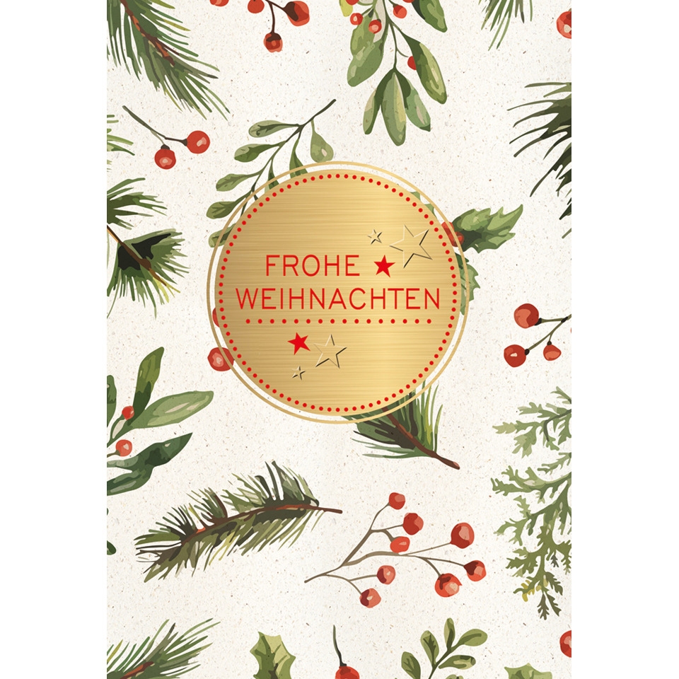 Weihnachtskarte, goldener Kreis, frostiger Hintergrund, Sternchen, Zweige, Beeren, kreatives Design, grüne Blätter, rote Beeren, Weihnachtsgruß