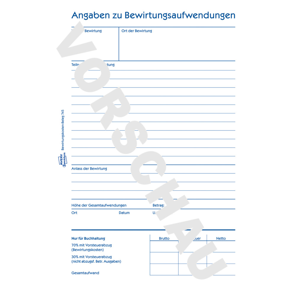 Kassenbeleg, Belegformular, Abrechnungsvordruck, Kostenaufwandformular, Bewirtungsbeleg