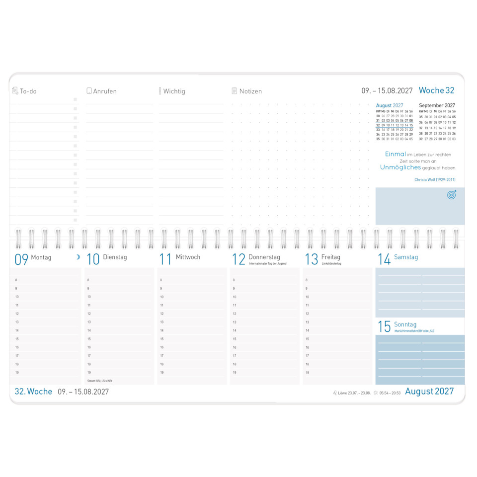 Kalender, Monatliche Übersicht, Wochentage, Spaltenkalender, August 2027