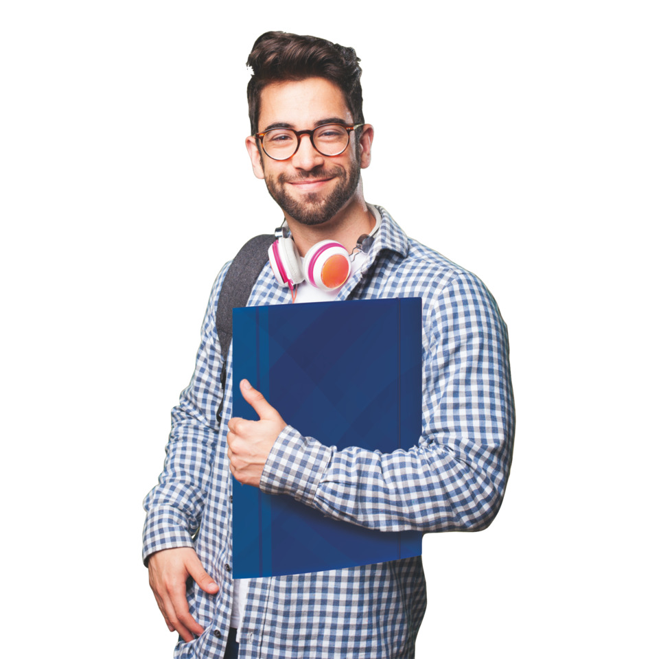 Student, Rucksack, Notizbuch, Brille, Kopfhörer