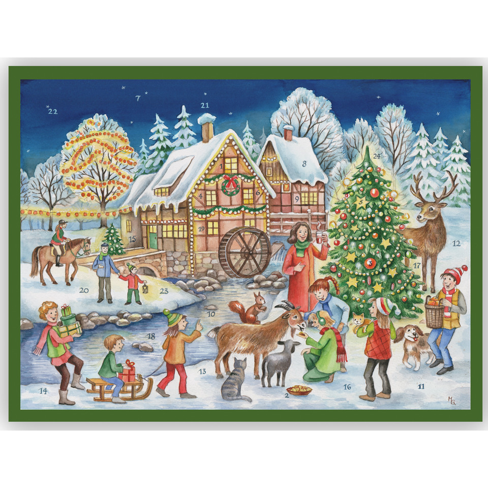 Weihnachtslandschaft, Adventskalender, Holzhaus, Schlitten, Hundereignis
