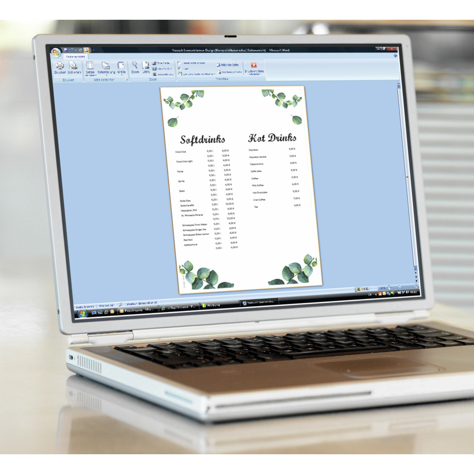laptop, screen, document on screen, menu, green leaves