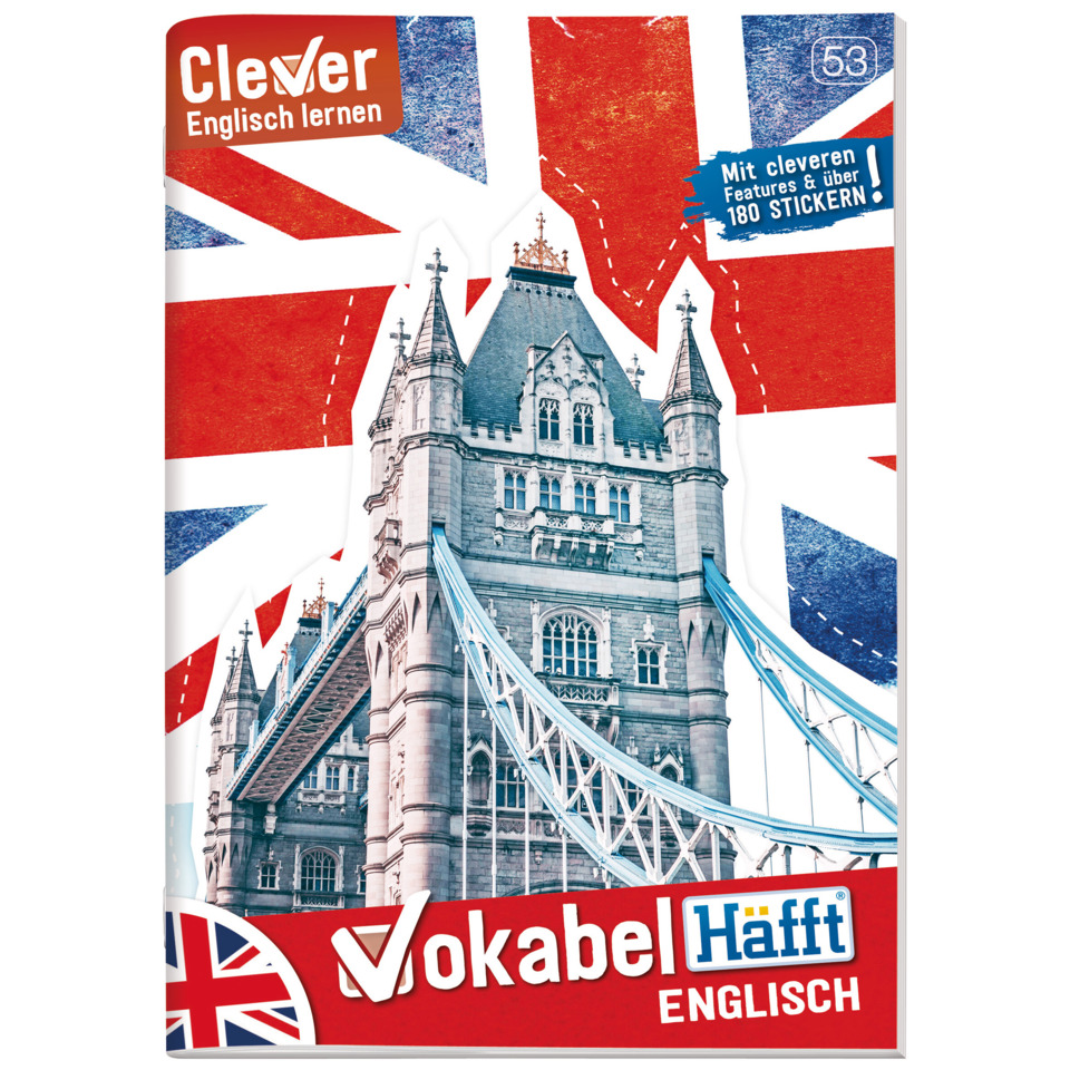 englisch lernen, Vokabelheft, Tower Bridge, UK-Flagge, Englisch-Übungsheft