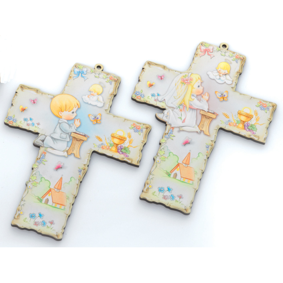 Kreuzanhänger, Gebohrt, Kinderkreuz, Buntes Motiv, Pastellfarben