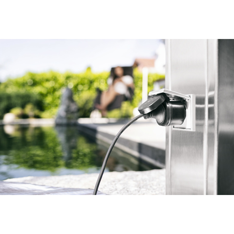 outdoor outlet, electric plug, stainless steel, garden decor, patio power