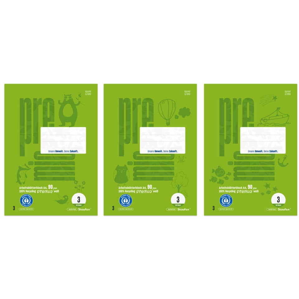notebooks, green cover, A4, recycled, 3 pack