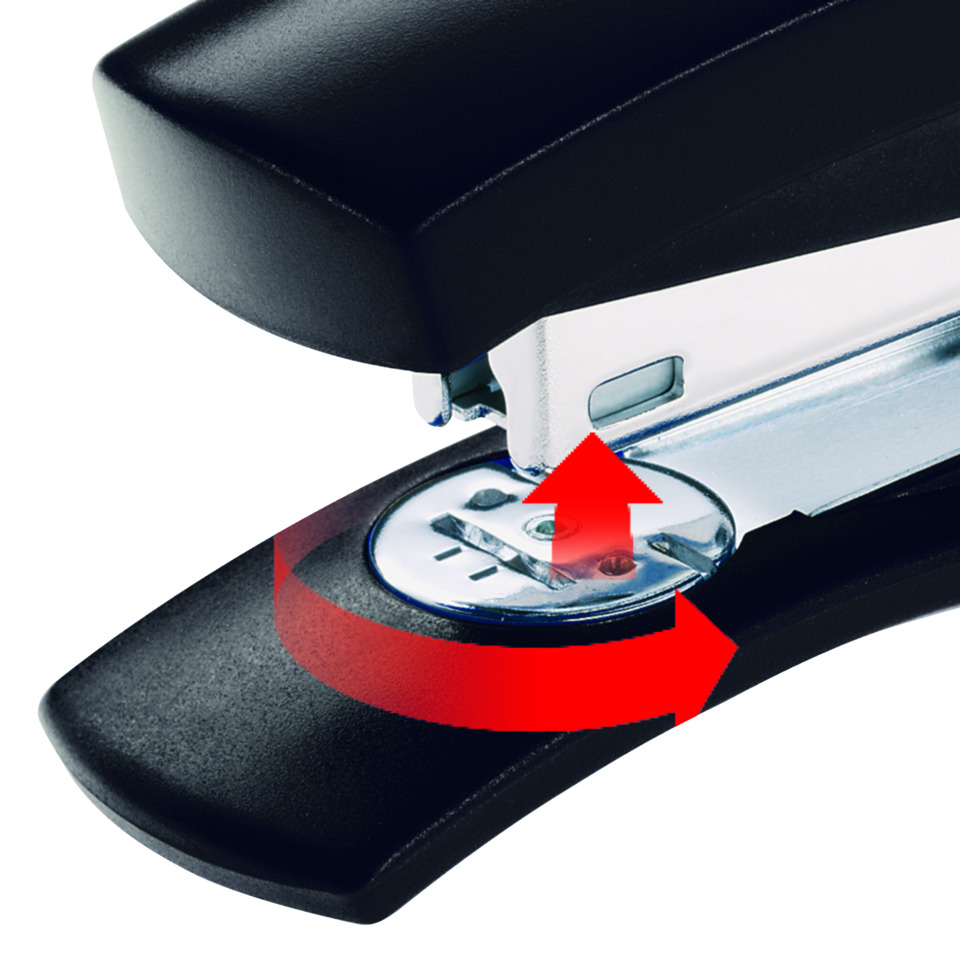 stapler, metal, schwarz, rote pfeile, federnklemme