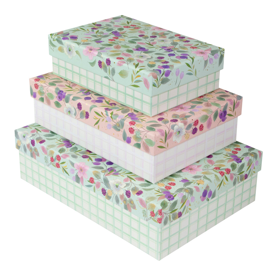 gift boxes, floral pattern, stacked boxes, pastel colors, gift set
