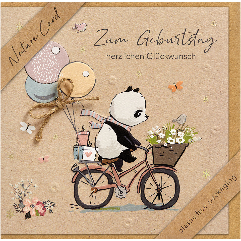 Panda, Kleines Fahrrad, Ballon-Depesche, Blumenkorb, Naturkarton
