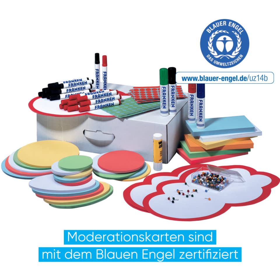 Schulmaterial, Moderationskarten, Punkteformen, Marker, Klammerpfähle