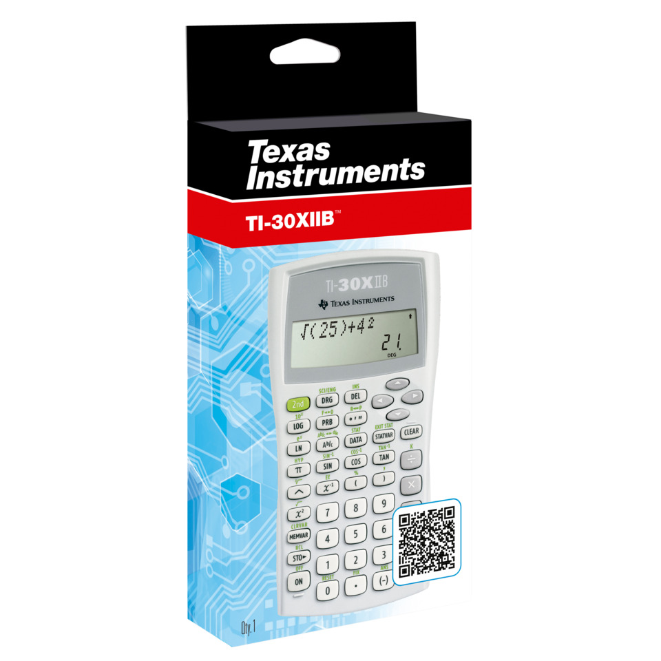 texas instruments, ti-30xiib, scientific calculator, handheld calculator, black red white packaging