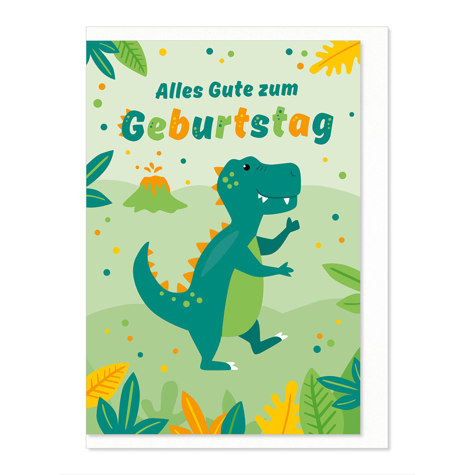 Geburtstagskarte, Dinosaurier, grüner Dinosaurier, Blättermuster, Dekorationskarte