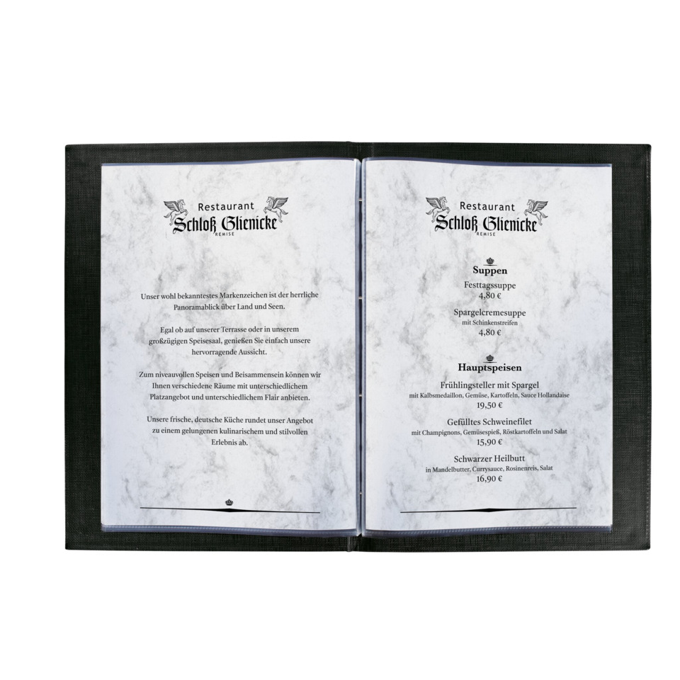 Menü, Restaurant, offenes Buch, Doppelseite, Textdokument