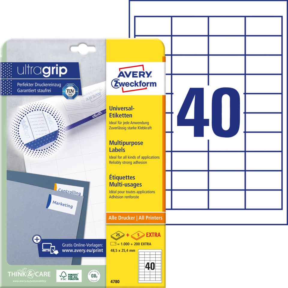 Avery Etiketten, Allzwecketiketten, Universelle Etiketten, Etikettenbögen, Druckeretiketten
