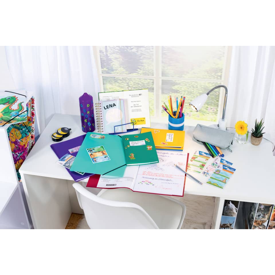 Schreibtisch-Set, Schulmaterial, Heft, Ordner, Buntstifte