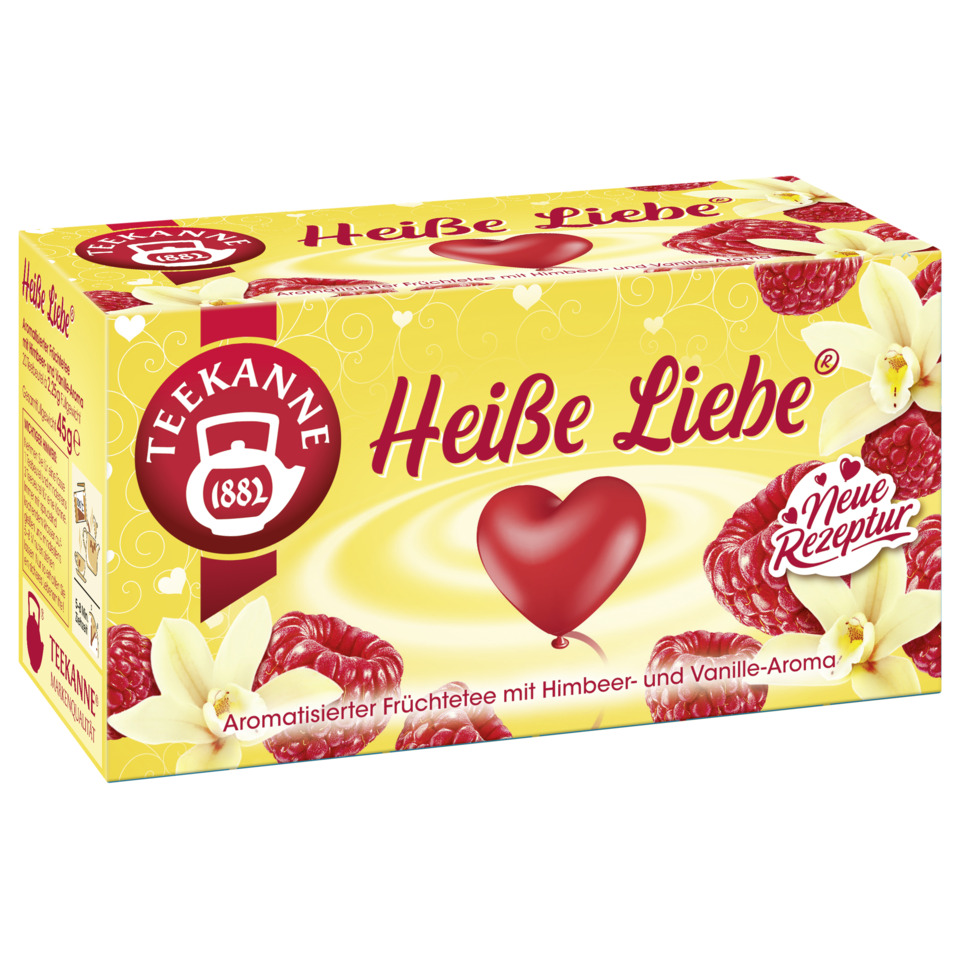 Früchtetee, Himbeer-Aroma, Vanille-Aroma, Gelbes Design, Hersteller-Logo