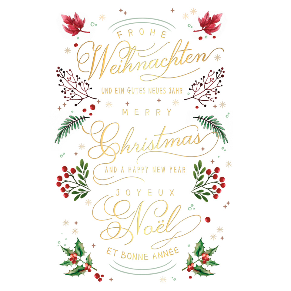 weihnachtskarte, weihnachten, goldene schrift, grünes blattwerk, hholidays spruch