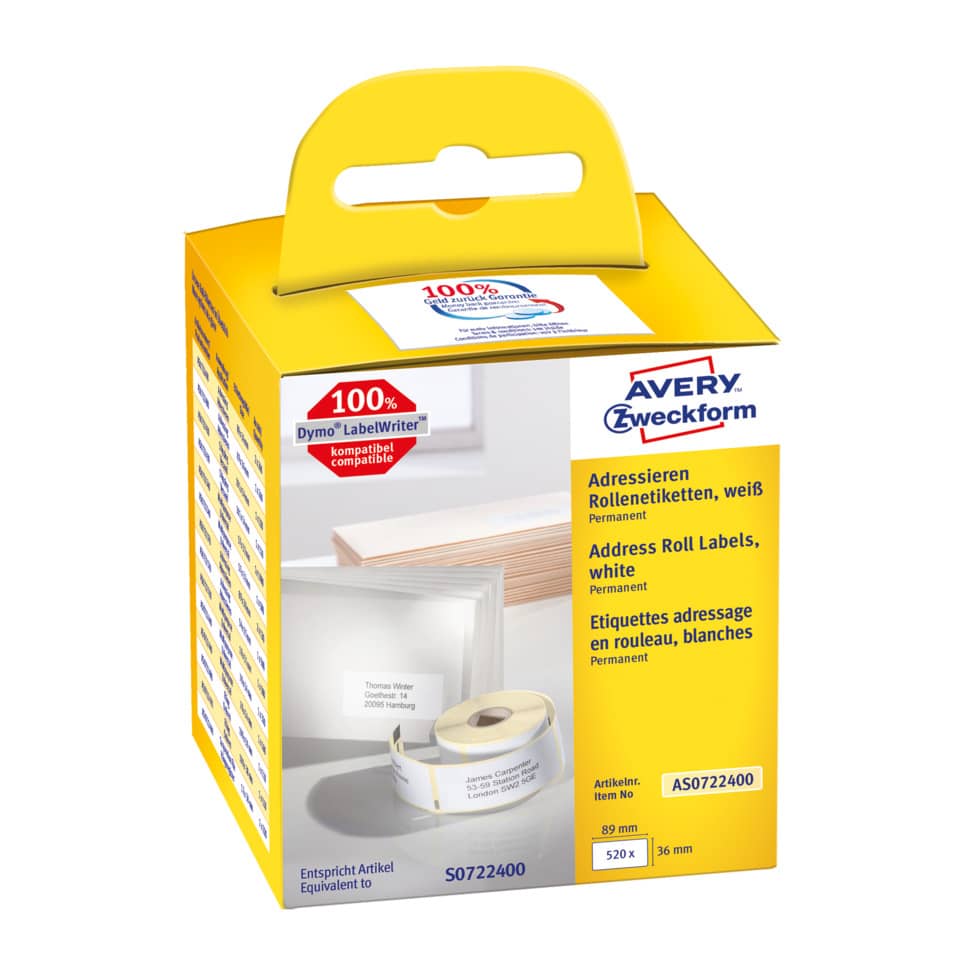 Rollen-Etiketten permanent, 36x89mm, 520 Stück, weiß AVERY ZWECKFORM AS0722400