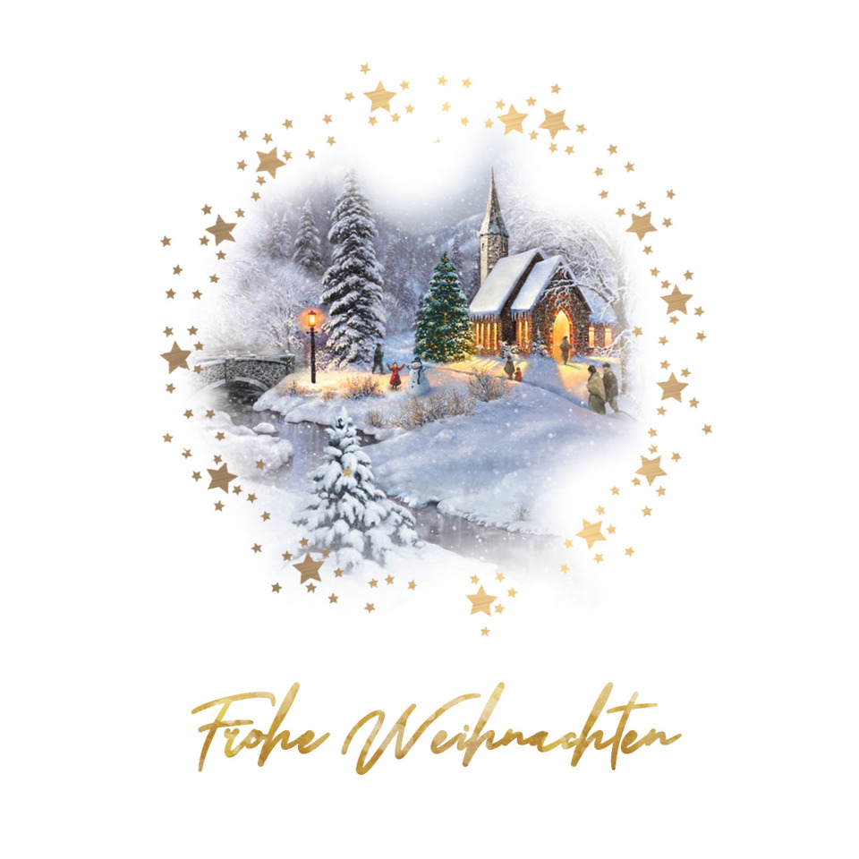 Schneelandschaft, Winterdorf, Kirche, Weihnachtsbaum, Goldene Sterne