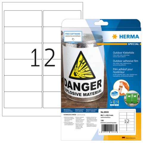 Folienetiketten stark haftend, 99,1x42,3mm, wetterfest, 120 Stück, weiß HERMA 9533