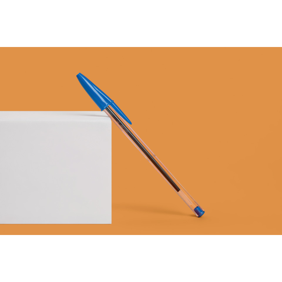 Stift, Kugelschreiber, Blau, transparent, orangefarbener Hintergrund