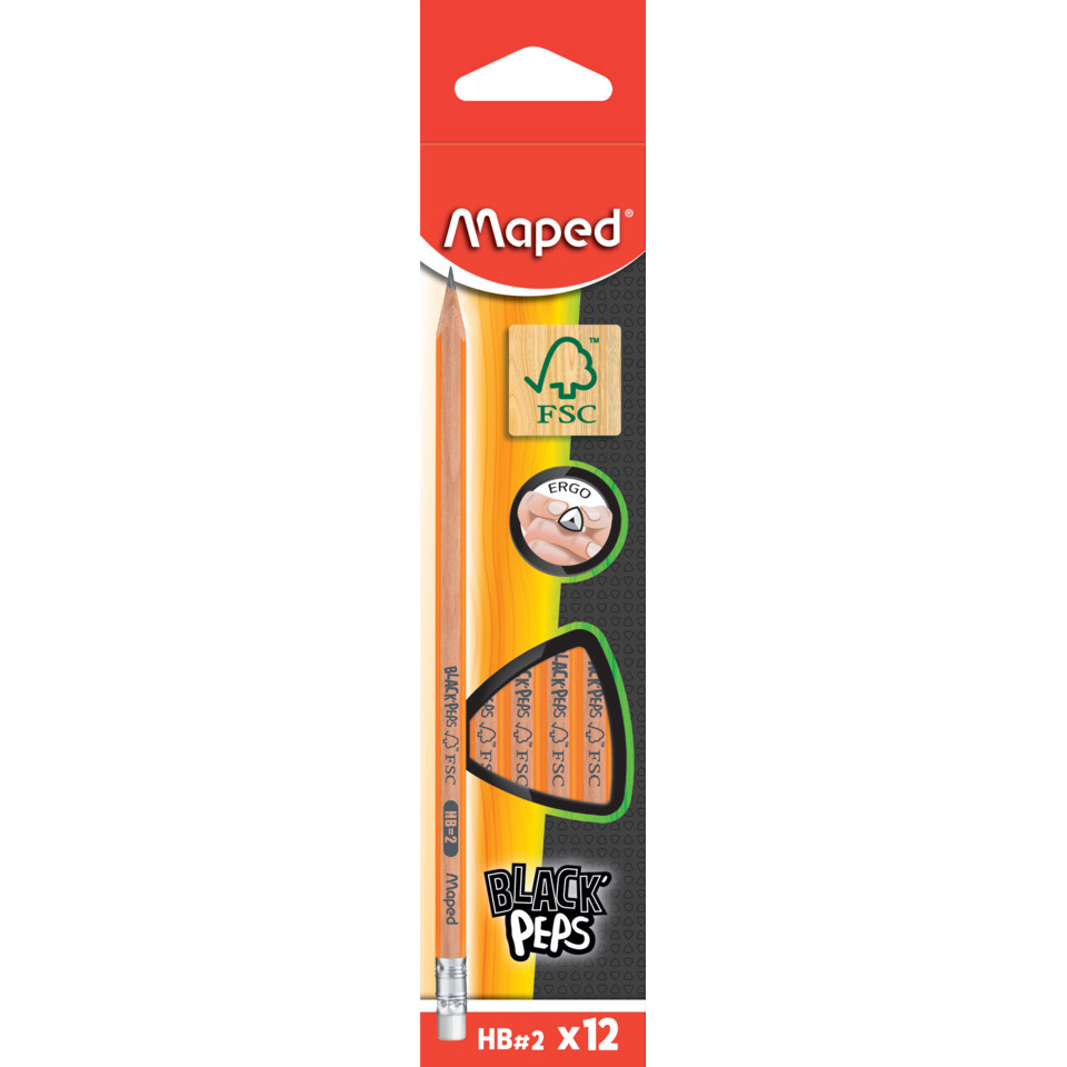 Bleistift, Bleistifte, HB-Bleistift, Anspitzer, Bleistiftset, FSC, ergonomisch, dünn, 12er-Pack, Black Peps