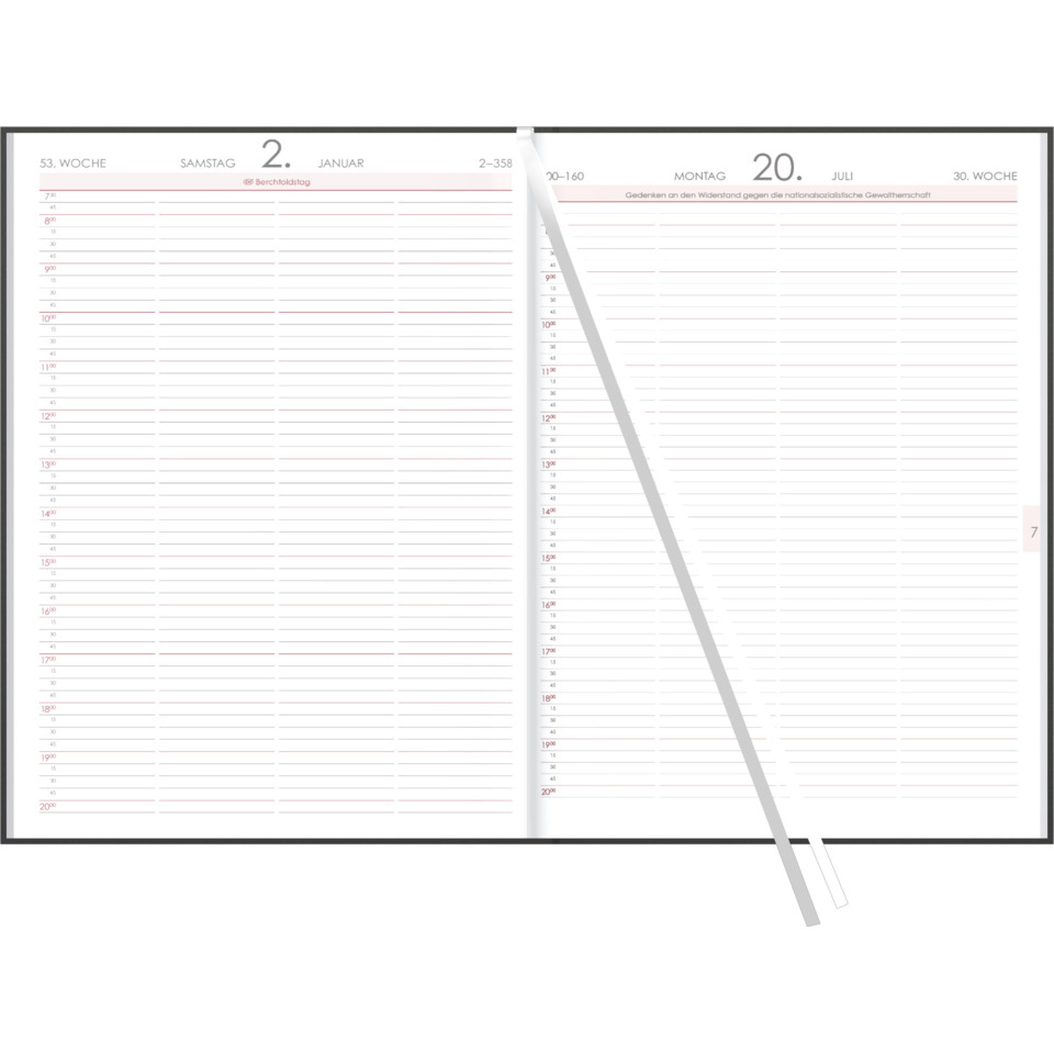 offenes Notizbuch, Kalender, Zweibuchseite, weißes Papier, dünnes diagonales Band