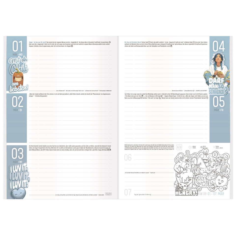 Kalender, Wandkalender, Wochentage, Cartoon-Illustrationen, Monatspanel