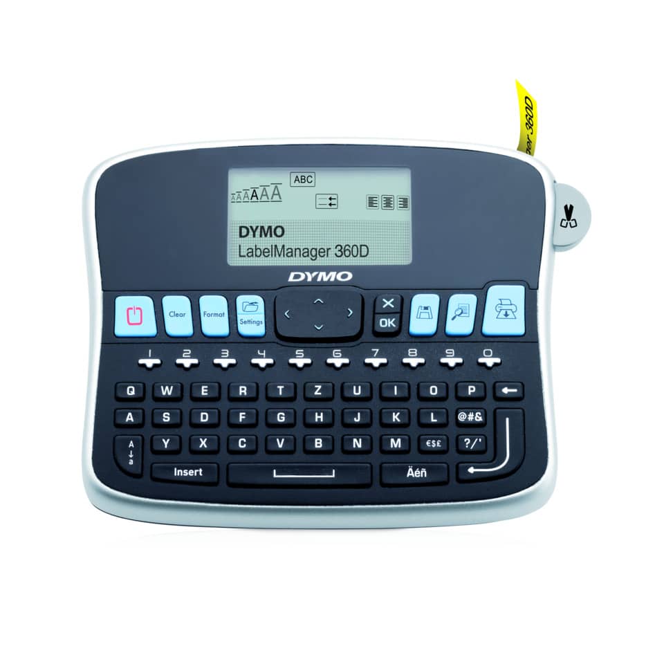 LabelManager 360D, DYMO device, handheld labeler, keyboard, blue-gray