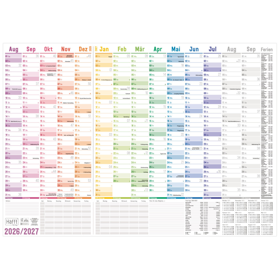 kalender, 2026/2027, Monatskalender, mehrfarbig, Druckkalender