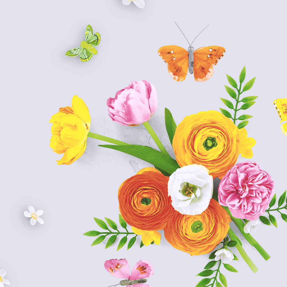blumen, sträuße, orange ranunkel?, pink rose?, grüne blätter