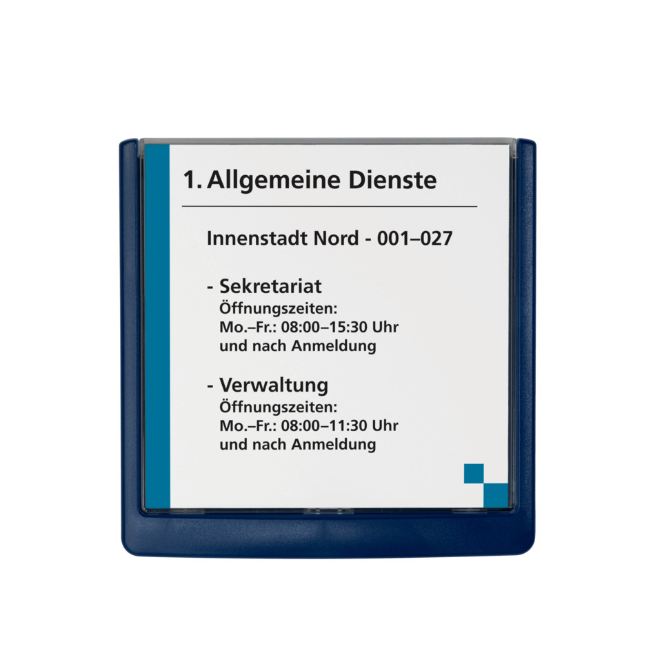 Schilderkassette, Beschriftung, Allgemeine Dienste, Innenstadt Nord, Öffnungszeiten