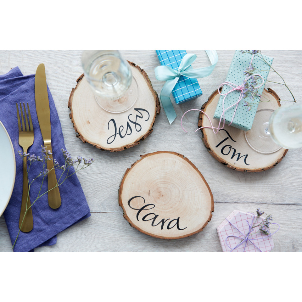 Tischdeko, Stammsegment, Holzscheibe, Gastgeschenk, Geschenkpäckung