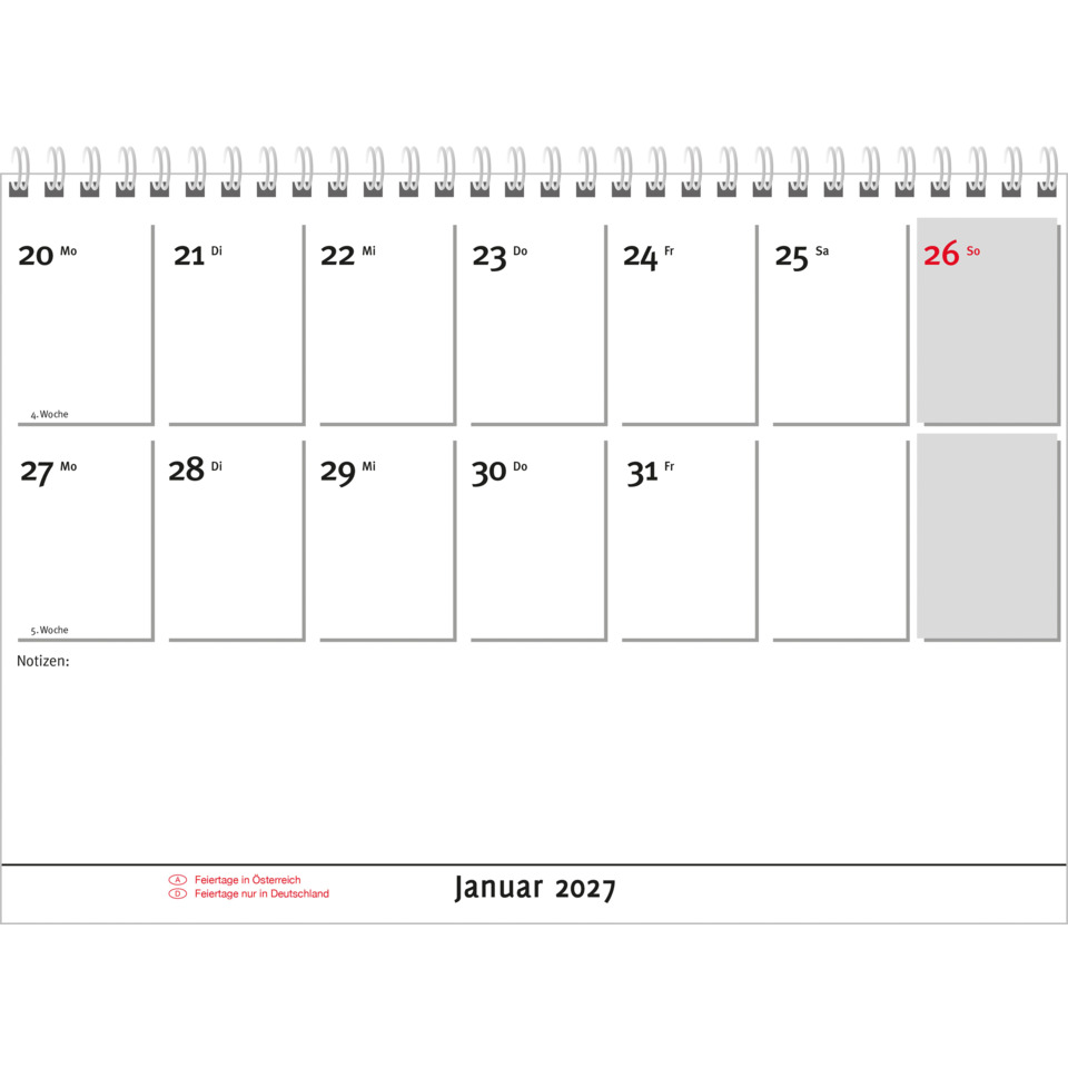 kalender, monatskalender, notizenbereich, jahresbeginn, januar-2027