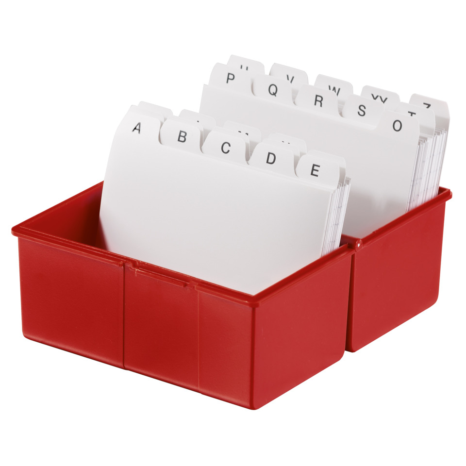 Indexkarten, Kartenordner, Rote Kunststoffablage, Weiße Indexkarten, Organisation
