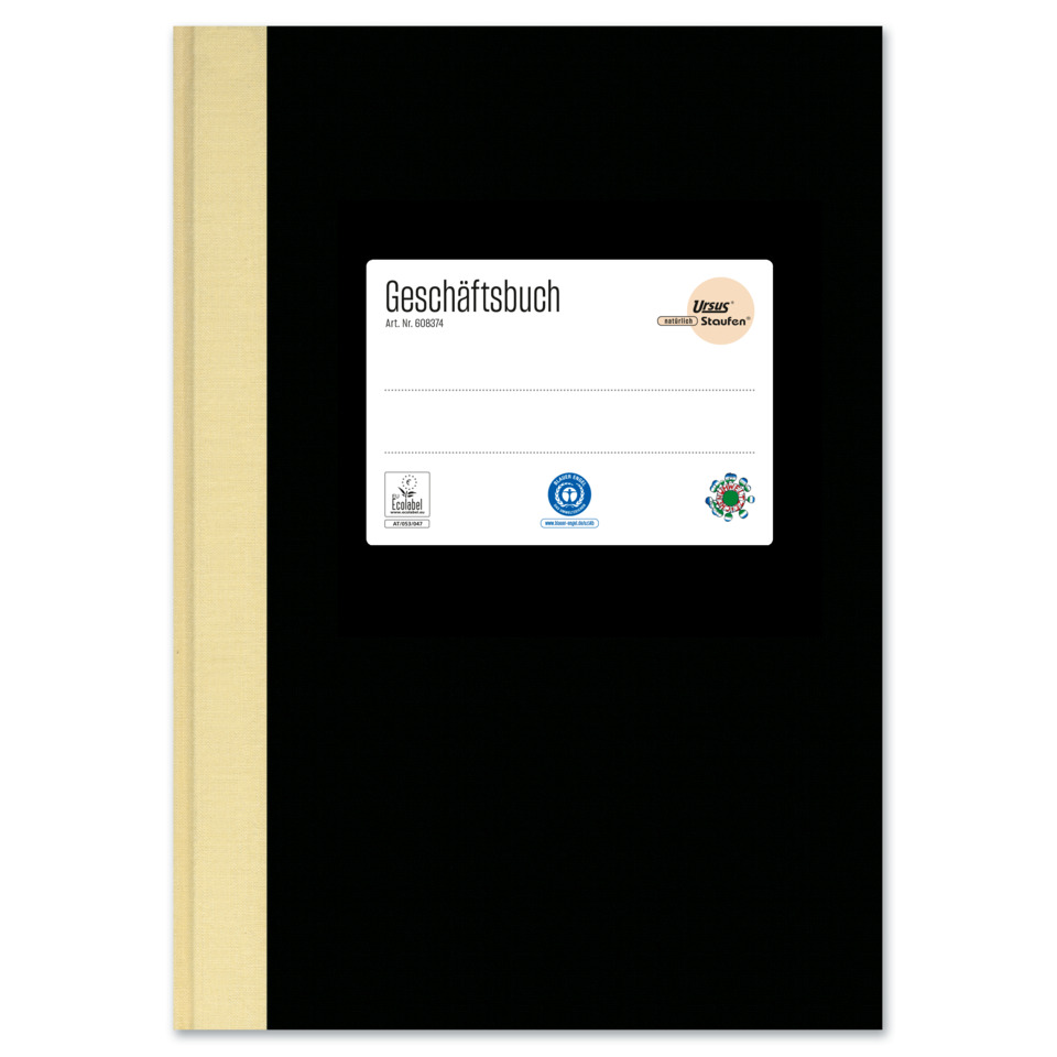 notebook, black cover, ribbon spine, white label, business book