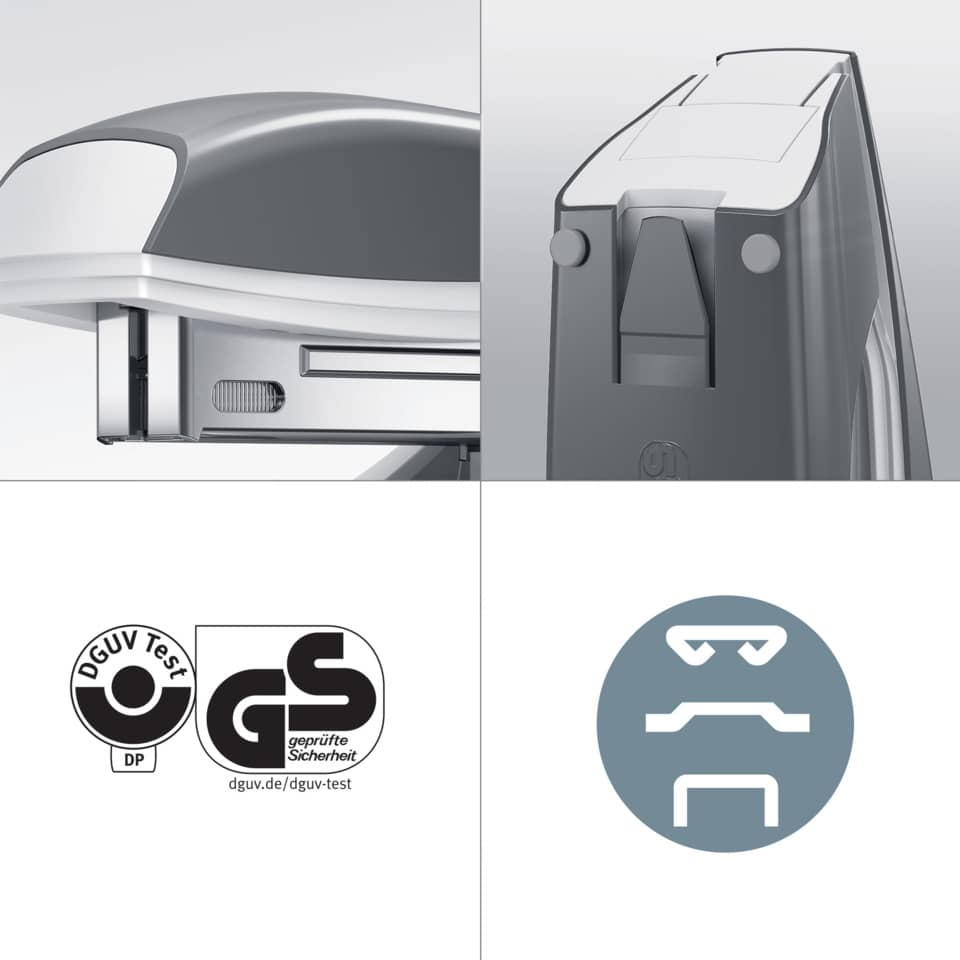 stapler, Scharnierarm, metallic, Verschluss, DGUV