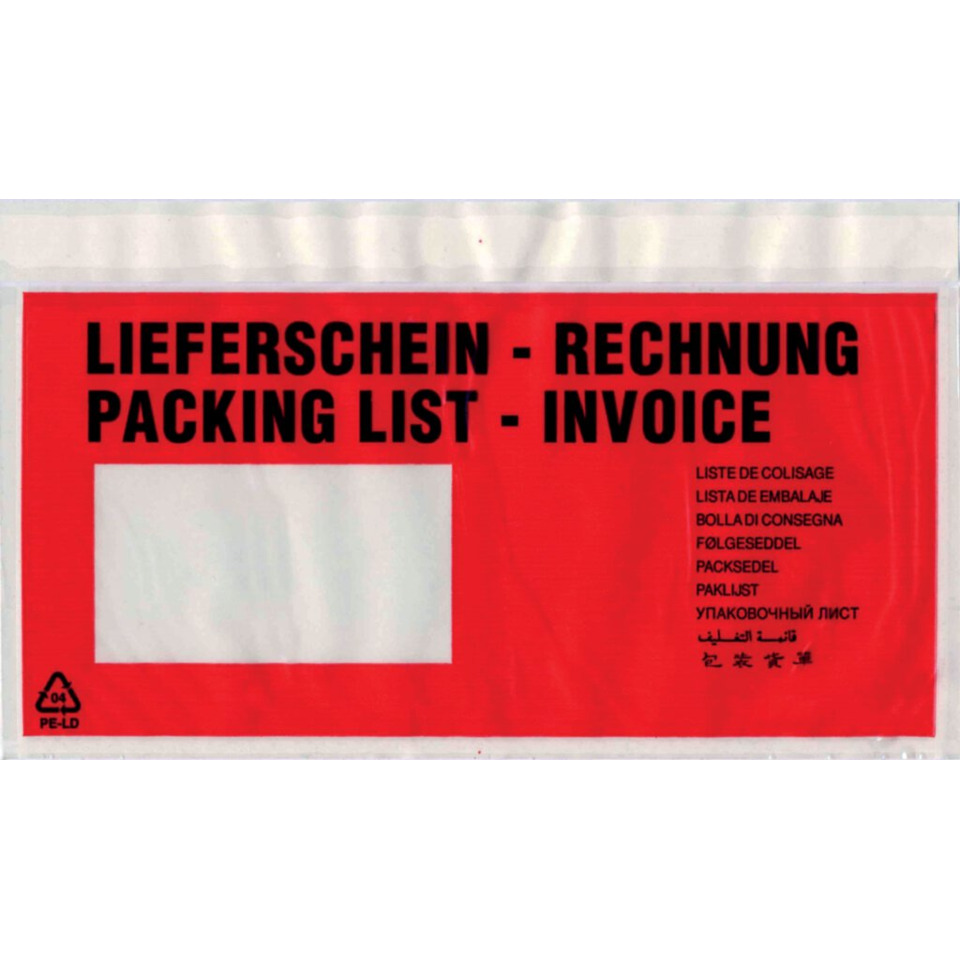 Packliste, Rechnung, roter Hintergrund, weißes Etikett, mehrsprachiger Text