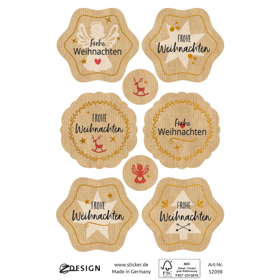 Weihnachtsaufkleber, Sticker-Set, Holzoptik, Runde Sterne, Grußkarten-Zubehör