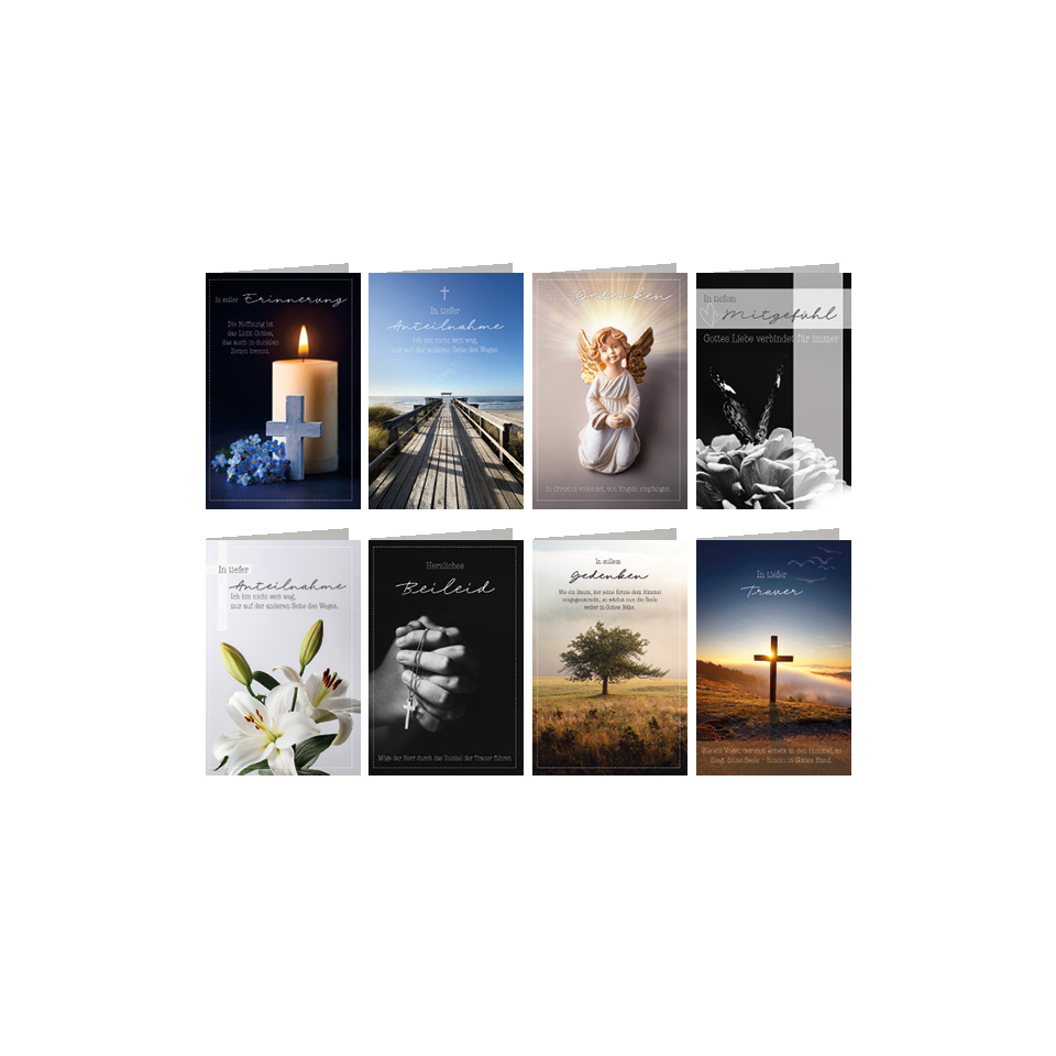 Karten-Set, Trauerkarten, Beileid, Blumenmotiv, Kreuz