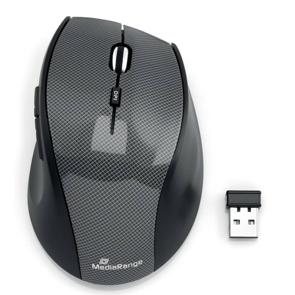computer mouse, kabelloser maus, optischer sensor, USB-Dongle, grau gemustert
