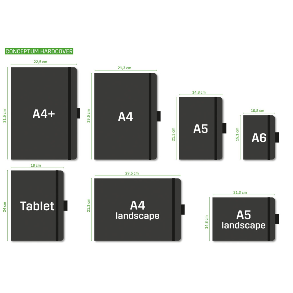 Notizbuch, A4, A4+, A5, A6, landscape, Tablet, Concepttum Hardcover, abmessungen
