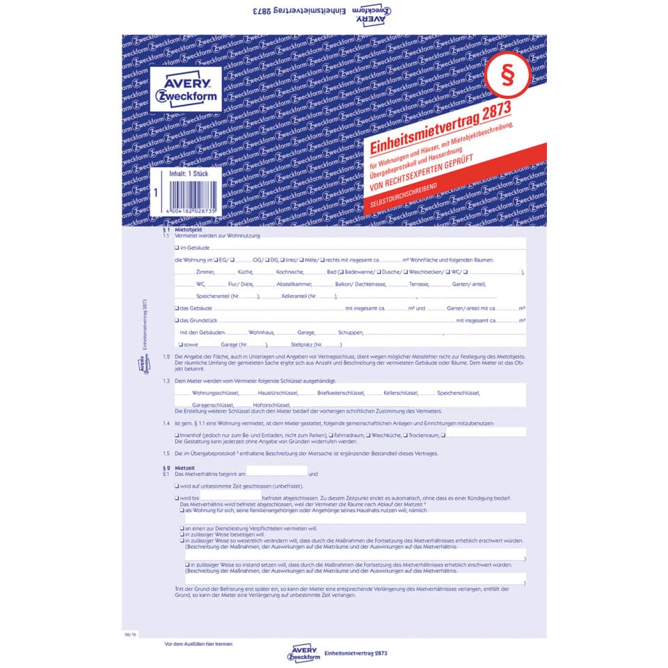 Mietvertrag, Wohnungsseite, Vertragsformular, Avery Zweckform, Dokumente