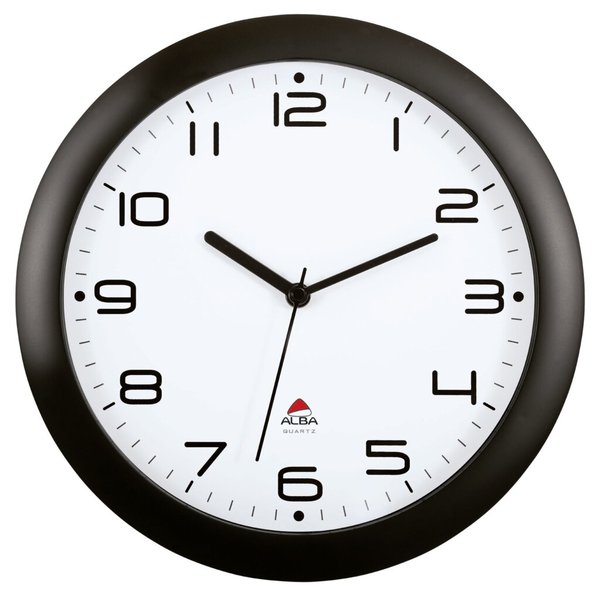 Wanduhr, schwarz, Ø 30 cm, Quarzlaufwerk, still, schwarze Ziffern und Zeiger auf weißem Grund