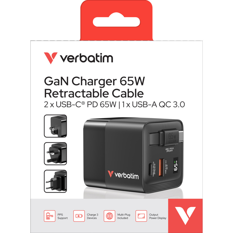 GaN-Lader, 65W, ausziehbares Kabel, USB-C PD, USB-A QC 3.0