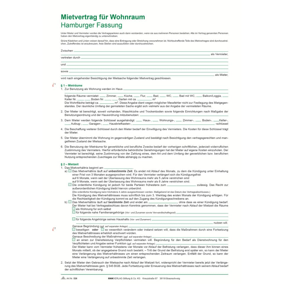 Mietvertrag, Wohnraum, Hamburger Fassung, Vertrag, Mietrecht