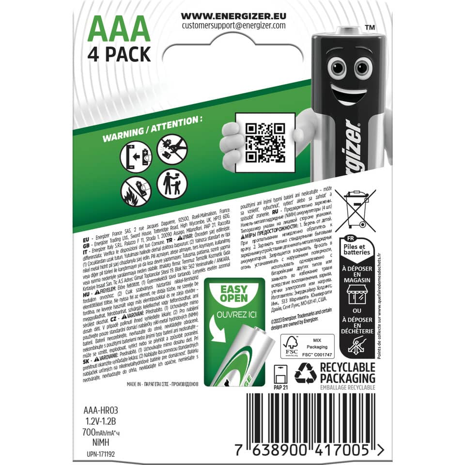 AA Batterie, 4er Pack, Nickelmetallhydrid, NiMH, recycelbare Verpackung
