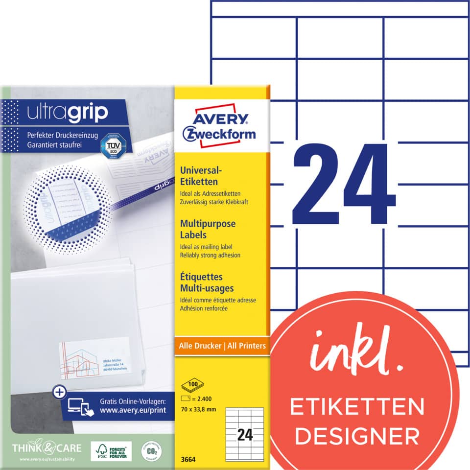 Etiketten, Druckeretiketten, Universaletiketten, Multipurpose Labels, 24er Größe
