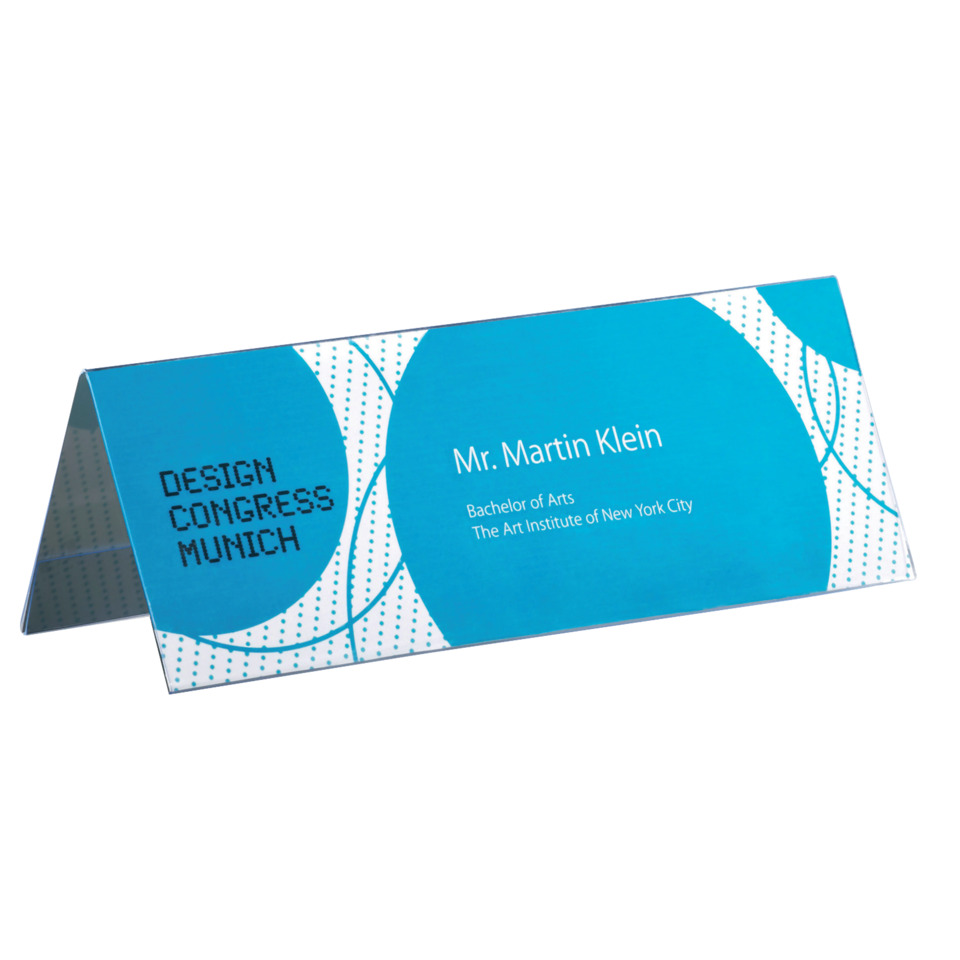 _event name, design exhibit, name tag, table place card, blue color