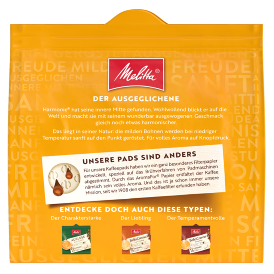 Kaffee-Pads, Kaffeekapseln, Filterpapier, orange Verpackung, Melitta Der Ausgegliche, Kaffeepads, Kaffee, Beutel, Filterpapier, Orangenfarbe